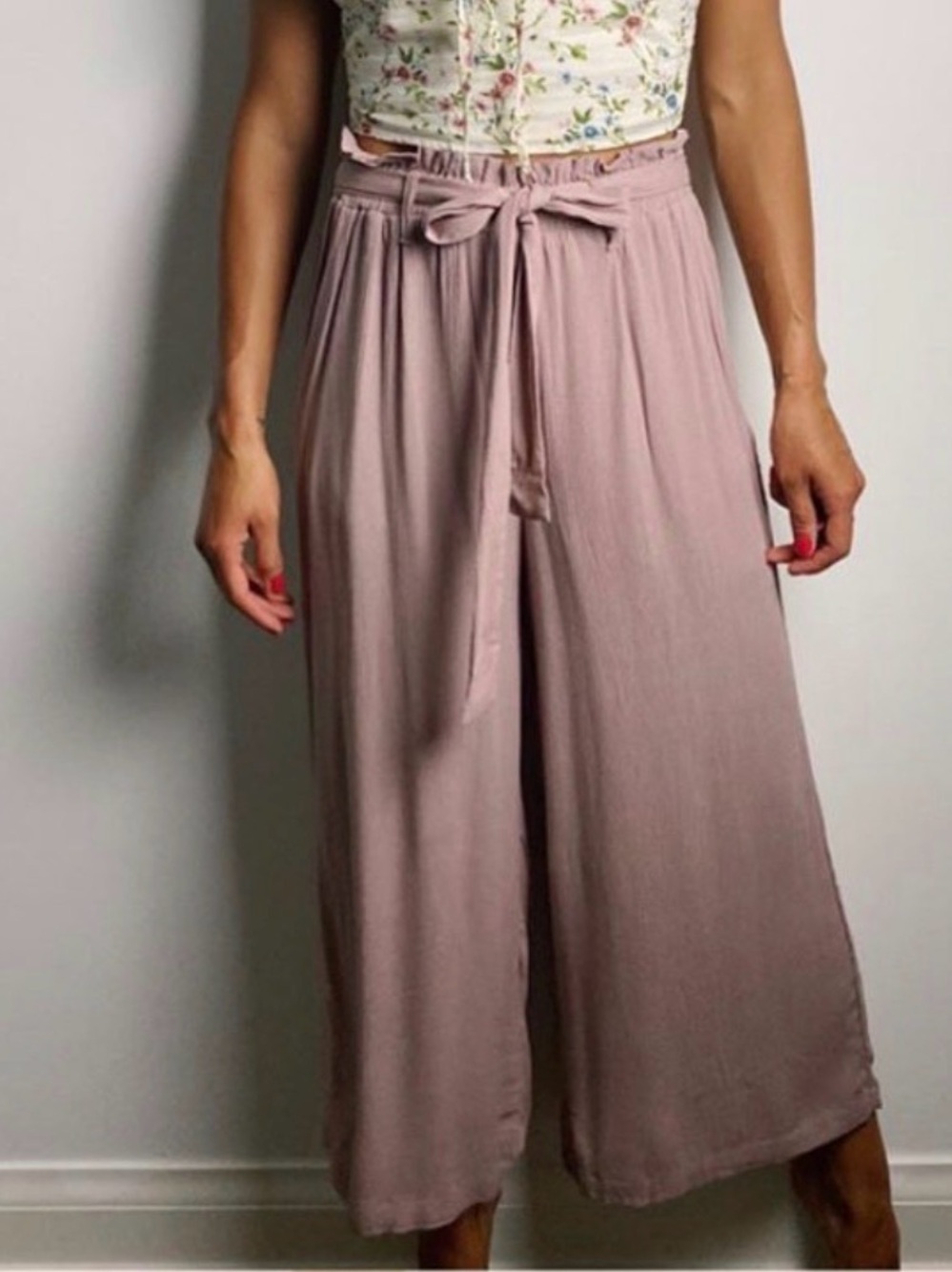 High-Rise Wide Leg Tie-Waist Pants in Dusty Mauve